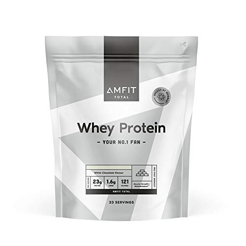 Marca Amazon - Proteína de suero Amfit Nutrition, sabor chocolate blanco, 33 porciones 1 kg (paquete de 1)