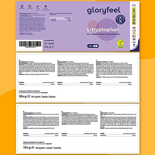 L-Triptófano 500 mg - 240 Cápsulas para 8 meses - Estrés, Insomnio - Triptófano puro procedente de fermentación natural - Alta dosificación - Probado en laboratorio, sin aditivos 8 L-Triptófano 500 mg - 240 Cápsulas para 8 meses - Estrés, Insomnio - Triptófano puro procedente de fermentación natural - Alta dosificación - Probado en laboratorio, sin aditivos - Imagen 8