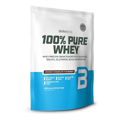 Los 10 Mejores Concentrados de Proteína de Suero sin Aspartamo en Amazon - Guía de Compra 2025 8 BioTechUSA 100% Pure Whey, Complejo de suero de leche con bromelina, aminoácidos, sin azúcar añadido, sin aceite de palma, 1 kg, Chocolate-Coco