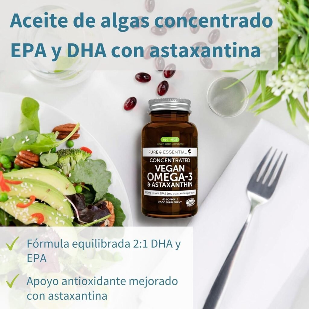 Omega 3 Vegano con Astaxantina, 1344 mg de Aceite de Algas (DHA + EPA Omega 3 Vegano con Astaxantina, 1344 mg de Aceite de Algas (DHA + EPA